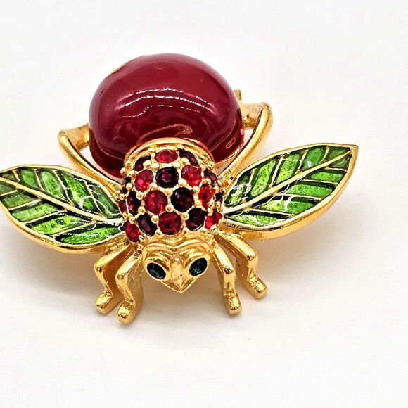 Joan Rivers Apple Bee Brooch Vtg Classics Collection Rhinestone Enamel Pin - Picture 2 of 10